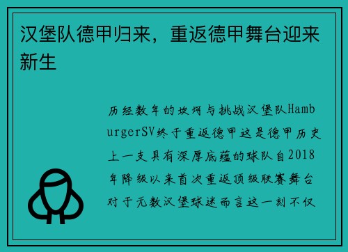 汉堡队德甲归来，重返德甲舞台迎来新生